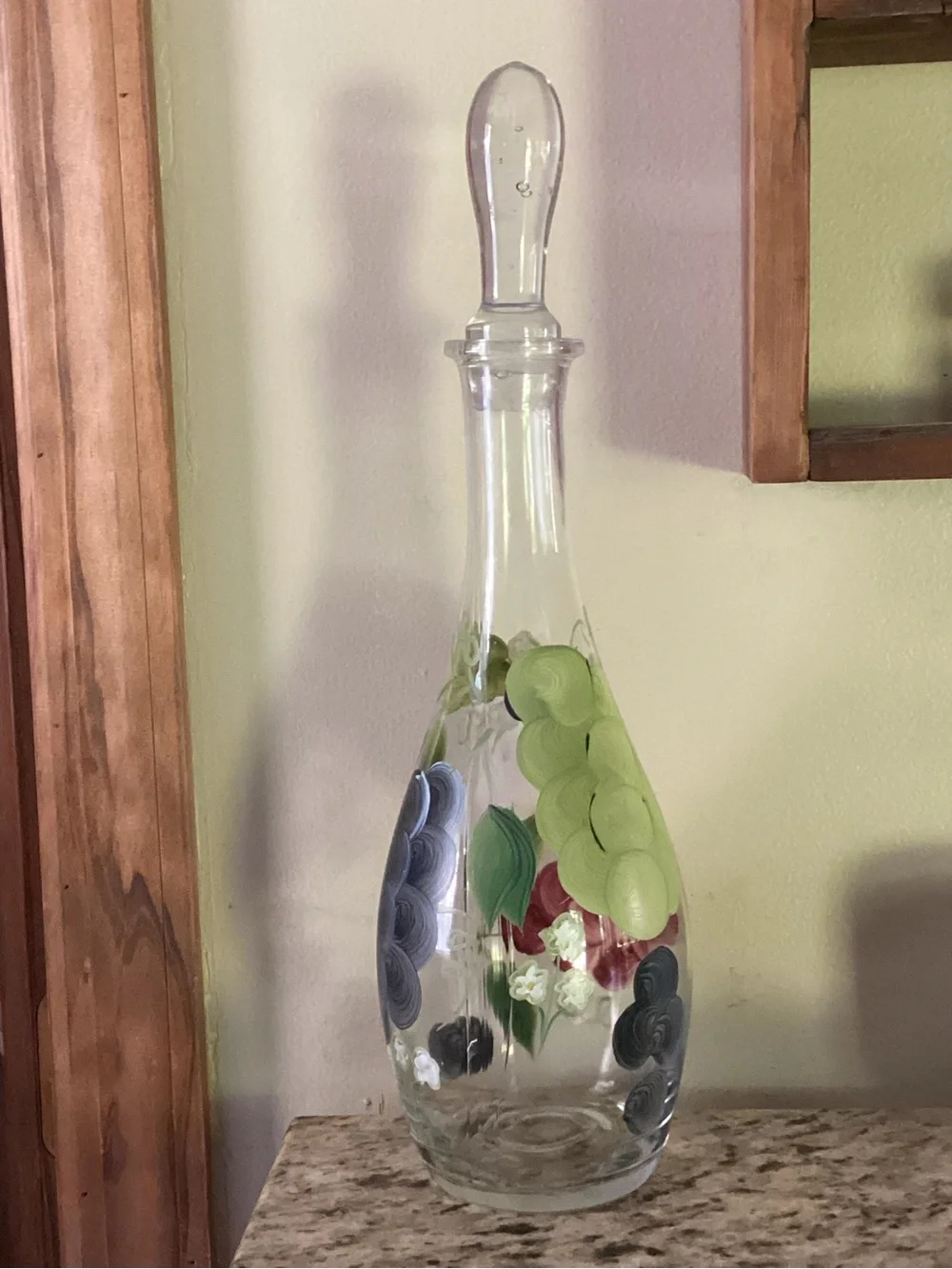 VINTAGE HAND PAINTED GLASS WINE DECANTER 15” WITH GLASS STOPPER